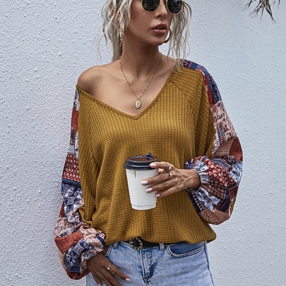 brown  v neck wide sleep waffle long sleeve top - Picture 4 of 16